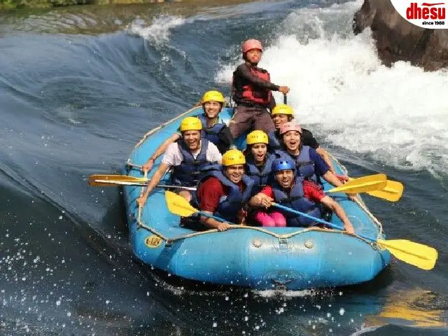 A rafting crew running a stretch of whitewater together