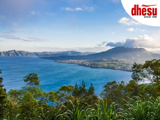 Panoramic view of Mount Batur active volcano and Lake Batur from Kintamani highlands, Bali