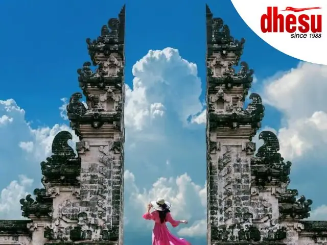 The Gates of Heaven split portal at Lempuyang Temple with Mount Agung in the background, East Bali