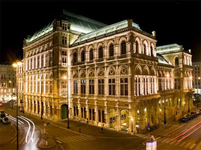 The Vienna State Opera lit up at night