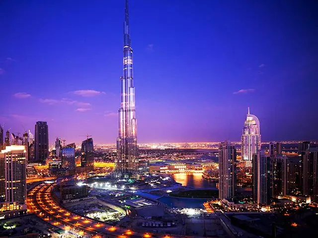 The Dubai skyline lit up at night